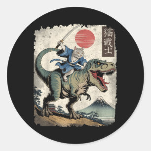 Funny Cat Riding T Rex Japanese Ukiyo-e Art Classic Round Sticker
