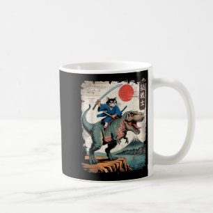 Funny cat riding t rex japanese ukiyo-e art samura coffee mug