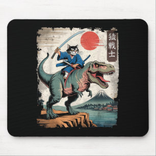 Funny cat riding t rex japanese ukiyo-e art samura mouse mat