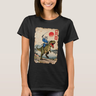 Funny Cat Riding T-Rex Japanese Ukiyo-e Art Samura T-Shirt