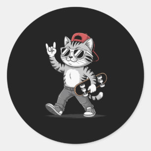 Funny Cat Rock Hand Skateboarding Graphic Skateboa Classic Round Sticker