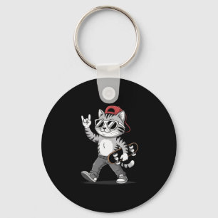 Funny Cat Rock Hand Skateboarding Graphic Skateboa Key Ring