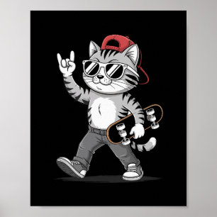 Funny Cat Rock Hand Skateboarding Graphic Skateboa Poster