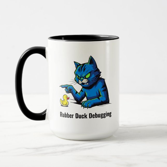 Funny Cat Rubber Duck Debugging Illustration Mug (Left)