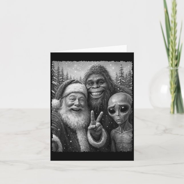 Funny Cat Santa Bigfoot Alien Christmas Selfie Tee Card (Front)