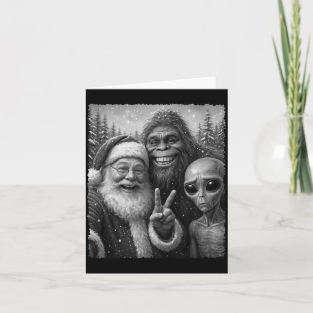 Funny Cat Santa Bigfoot Alien Christmas Selfie Tee Card (Front)