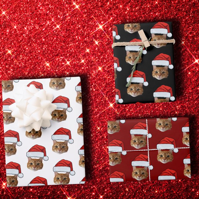 Funny Cat Santa Hat | Custom Face Photo Christmas Wrapping Paper Sheet (Creator Uploaded)