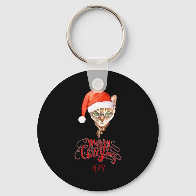 Funny Cat Santa Winter Merry Christmas T Shirt  Key Ring (Front)