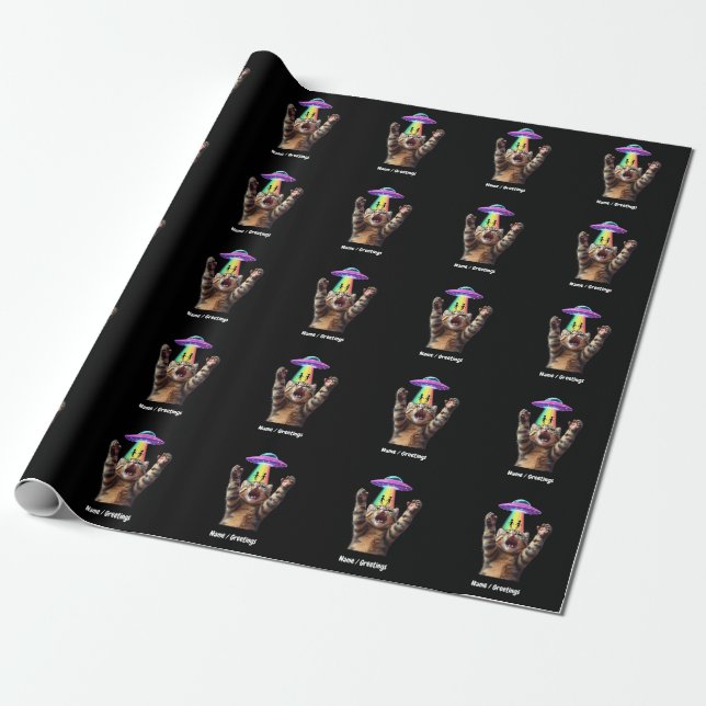 Funny Cat Selfie Alien UFO Hilarious Customisable Wrapping Paper (Unrolled)