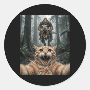 Funny Cat Selfie Bigfoot Riding T Rex Forest Chase Classic Round Sticker