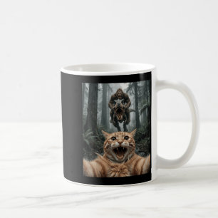 Funny Cat Selfie Bigfoot Riding T Rex Forest Chase Coffee Mug