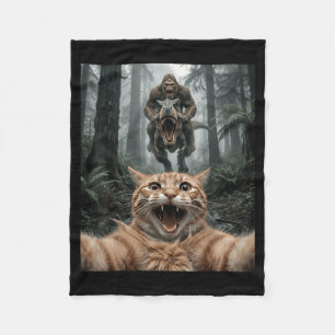 Funny Cat Selfie Bigfoot Riding T Rex Forest Chase Fleece Blanket