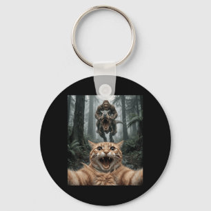 Funny Cat Selfie Bigfoot Riding T Rex Forest Chase Key Ring