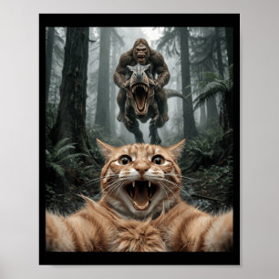 Funny Cat Selfie Bigfoot Riding T Rex Forest Chase Poster