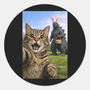Funny Cat Selfie Easter Bunny Japanese Monster Classic Round Sticker