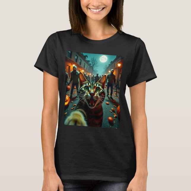 Funny Cat Selfie Halloween Zombies Humor  T-Shirt (Front)