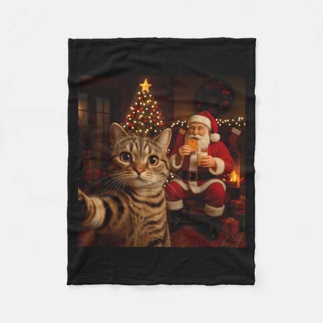 Funny Cat Selfie Santa Claus Eating Cookies Christ Fleece Blanket (Front)