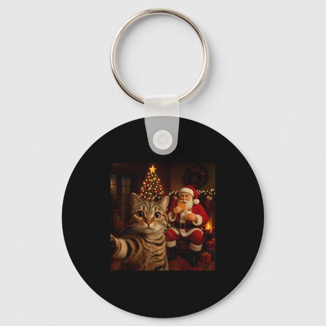 Funny Cat Selfie Santa Claus Eating Cookies Christ Key Ring (Front)