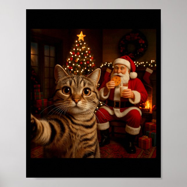 Funny Cat Selfie Santa Claus Eating Cookies Christ Poster (Front)