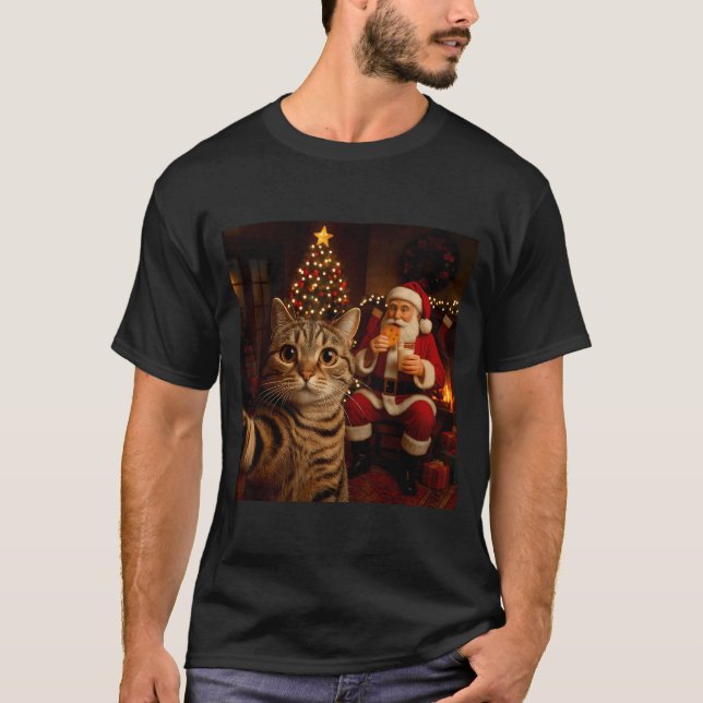 Funny Cat Selfie Santa Claus Eating Cookies Christ T-Shirt (Front)