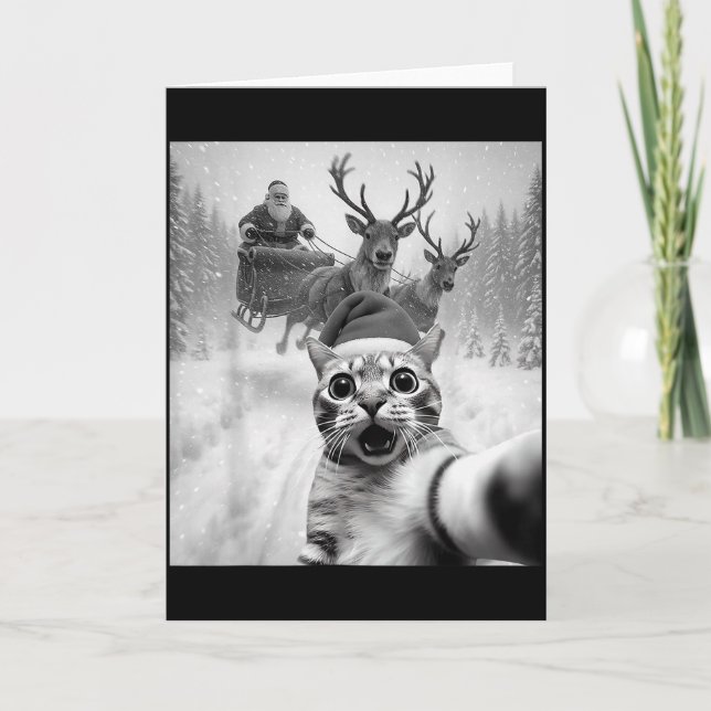 Funny Cat Selfie Santa Merry Christmas Xmas Pajama Card (Front)