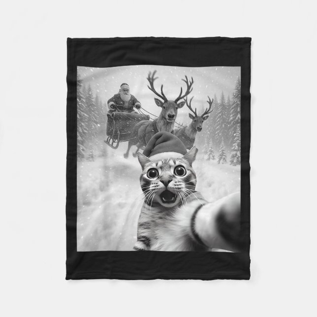 Funny Cat Selfie Santa Merry Christmas Xmas Pajama Fleece Blanket (Front)