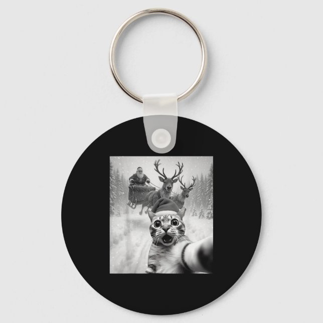 Funny Cat Selfie Santa Merry Christmas Xmas Pajama Key Ring (Front)
