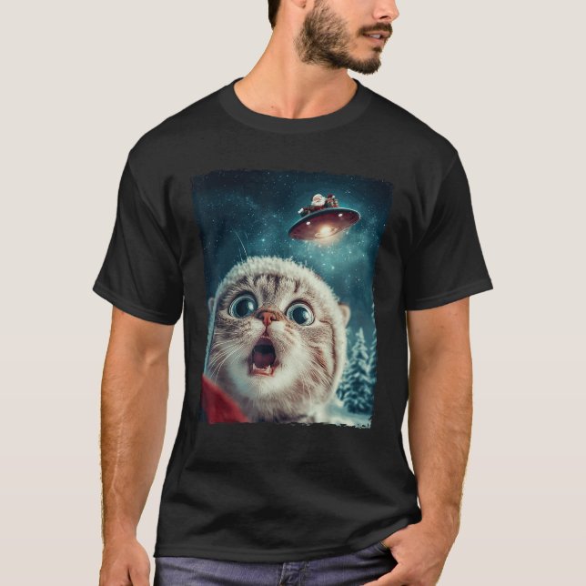 Funny Cat Selfie Santa Ufo Xmas Christmas  T-Shirt (Front)