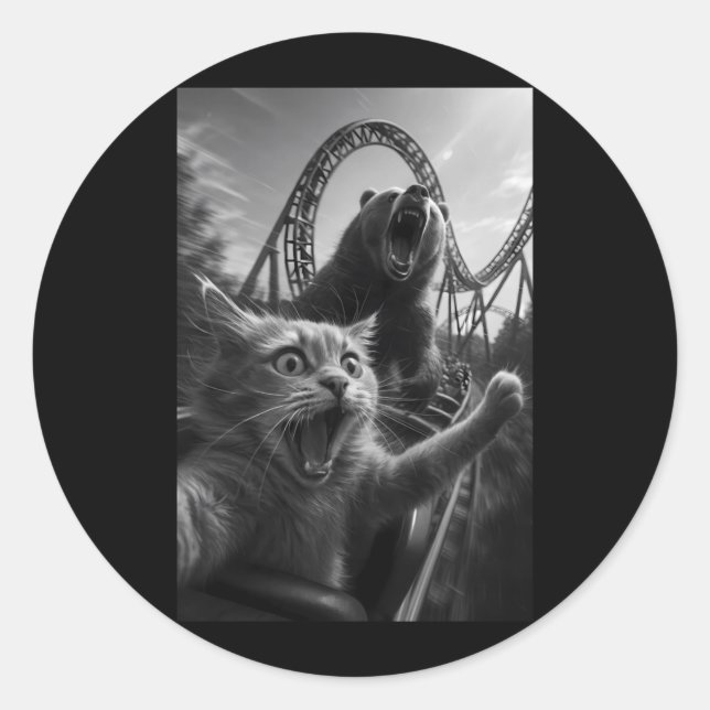 Funny Cat Selfie Top With Bear Roller Coaster Classic Round Sticker (Front)
