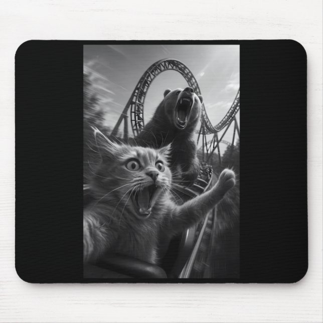 Funny Cat Selfie Top With Bear Roller Coaster Mouse Mat (Front)