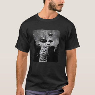 Funny Cat Selfie UFO Photo Weird Kitty White Black T-Shirt