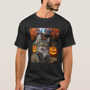 Funny Cat Selfie with a Witch & Ghost Scary Hallow T-Shirt