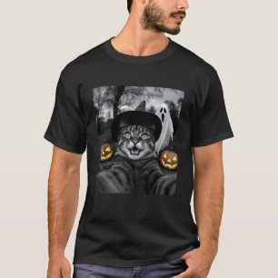 Funny Cat Selfie with a Witch & Ghost Scary Hallow T-Shirt