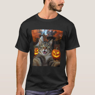Funny Cat Selfie with a Witch & Ghost Scary Hallow T-Shirt