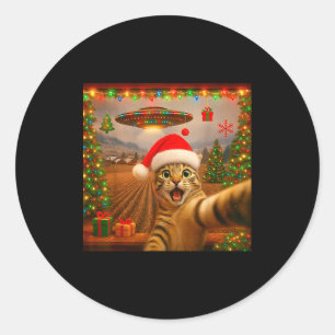 Funny Cat Selfie With Alien Ufo Christmas Lights S Classic Round Sticker