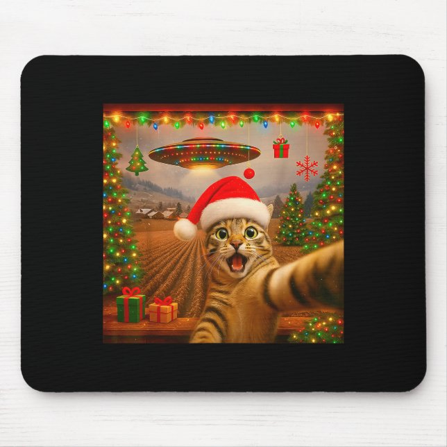 Funny Cat Selfie With Alien Ufo Christmas Lights S Mouse Mat (Front)