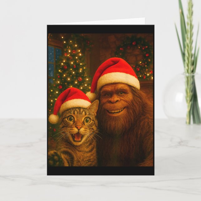 Funny Cat Selfie With Bigfoot Christmas Sasquatch  Card (Front)