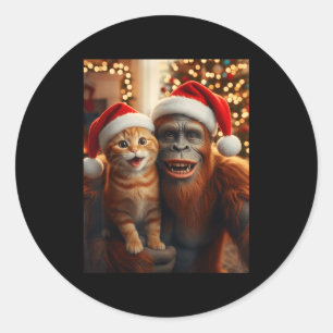Funny Cat Selfie With Bigfoot Christmas Sasquatch Classic Round Sticker