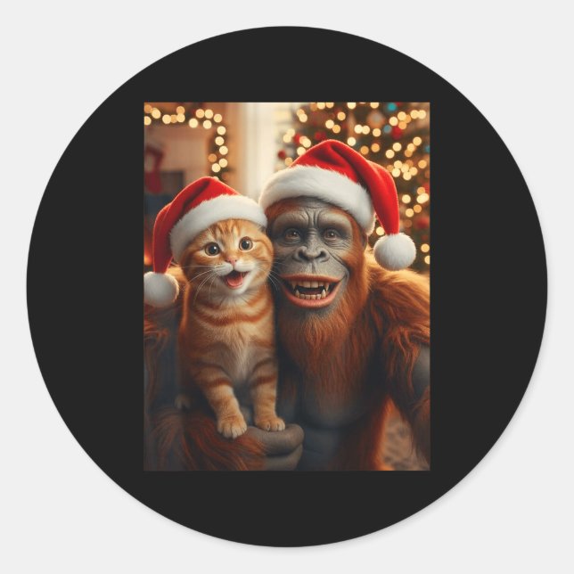 Funny Cat Selfie With Bigfoot Christmas Sasquatch  Classic Round Sticker (Front)