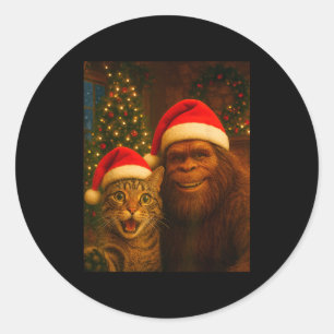 Funny Cat Selfie With Bigfoot Christmas Sasquatch Classic Round Sticker