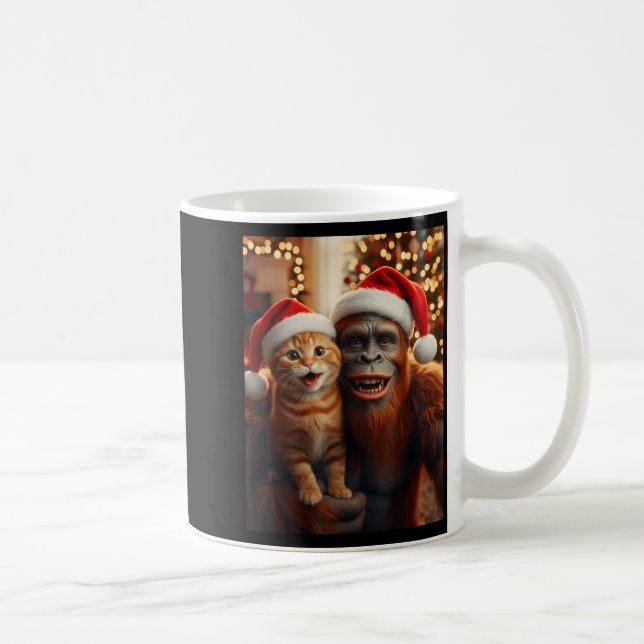 Funny Cat Selfie With Bigfoot Christmas Sasquatch  Coffee Mug (Right)