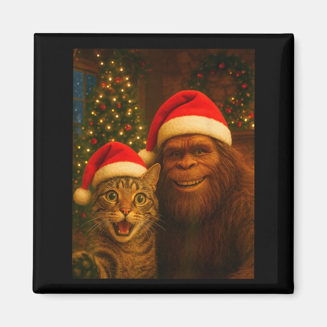 Funny Cat Selfie With Bigfoot Christmas Sasquatch  Magnet (Front)