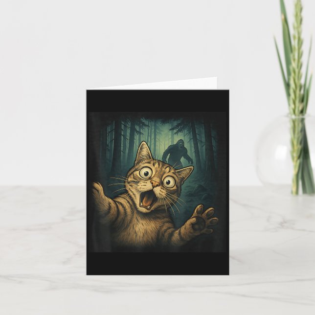 Funny Cat Selfie With Bigfoot Halloween Scared Cat Card (Front)