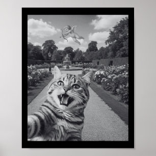 Funny Cat Selfie With Cupid In Garden Humor Valent Poster