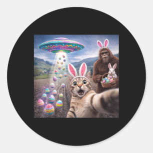 Funny Cat Selfie with Easter Bunny Bigfoot UFO for Classic Round Sticker
