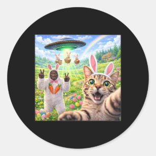 Funny Cat Selfie with Easter Bunny Bigfoot UFO for Classic Round Sticker