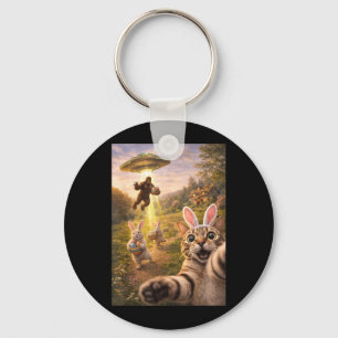 Funny Cat Selfie with Easter Bunny Bigfoot UFO for Key Ring