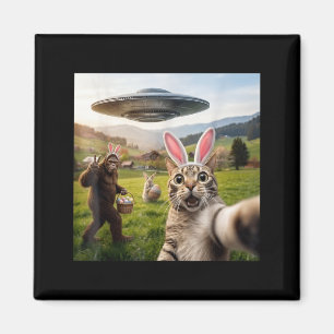 Funny Cat Selfie with Easter Bunny Bigfoot UFO for Magnet