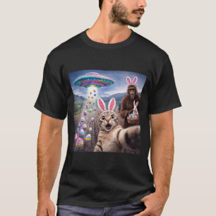 Funny Cat Selfie with Easter Bunny Bigfoot UFO for T-Shirt