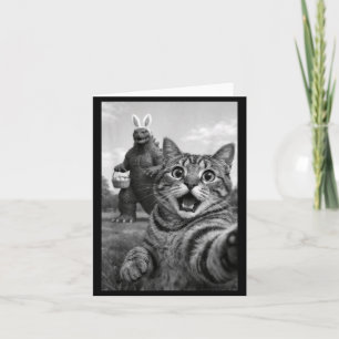 Funny Cat Selfie with Easter Bunny Japanese Kaiju Card
